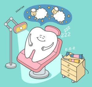 Cartoon of a giant tooth sleeping in the dental chair