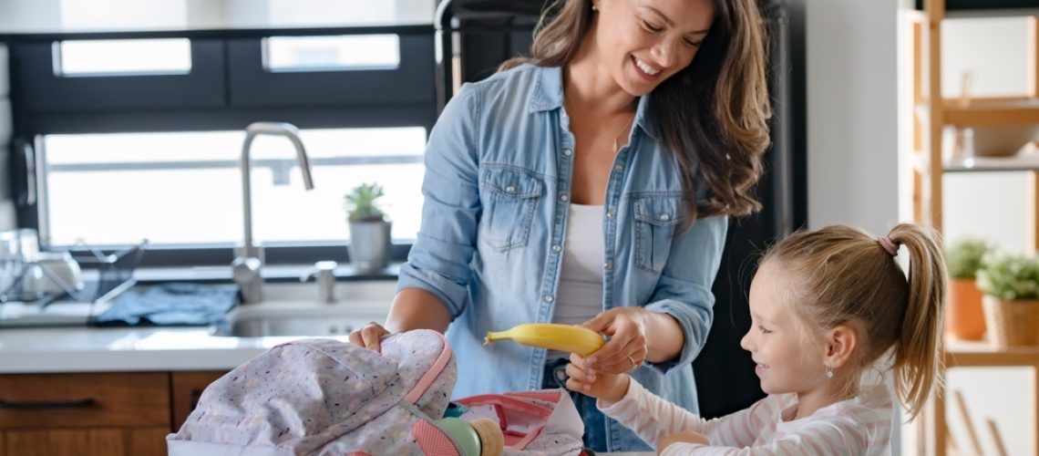 Mother,Getting,Her,Little,Daughter,Ready,For,School,,Helping,Her